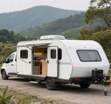 Custom teardrop camper by Mike’s Pretty Good Campers showing interior layout and kitchen area