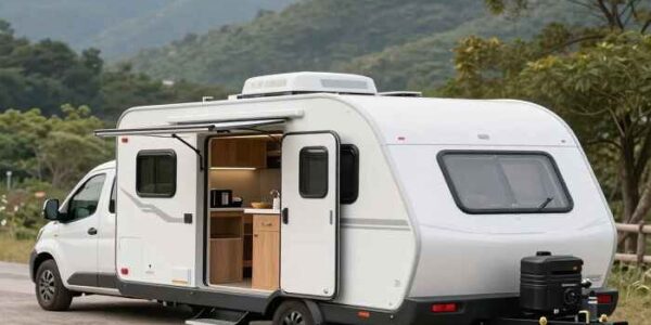 Custom teardrop camper by Mike’s Pretty Good Campers showing interior layout and kitchen area