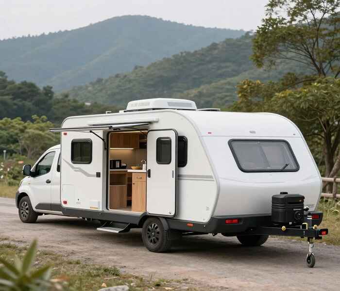 Custom teardrop camper by Mike’s Pretty Good Campers showing interior layout and kitchen area
