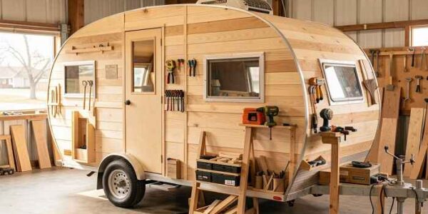 Custom-built wooden teardrop camper parked inside a small workshop, showing natural wood panels, windows, tools, and handcrafted construction details