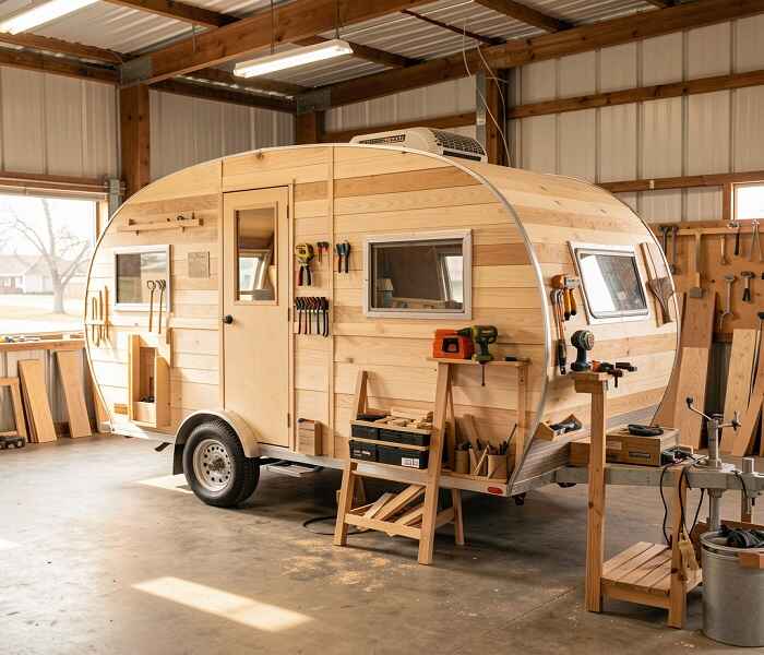 Custom-built wooden teardrop camper parked inside a small workshop, showing natural wood panels, windows, tools, and handcrafted construction details